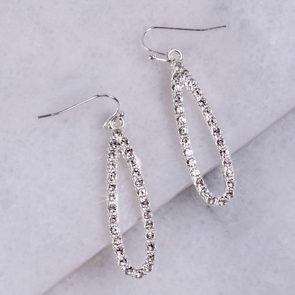 Its Sense Teardrop Dangle Earrings 2in drop Silver Cubic Zirconia Diamond NWT